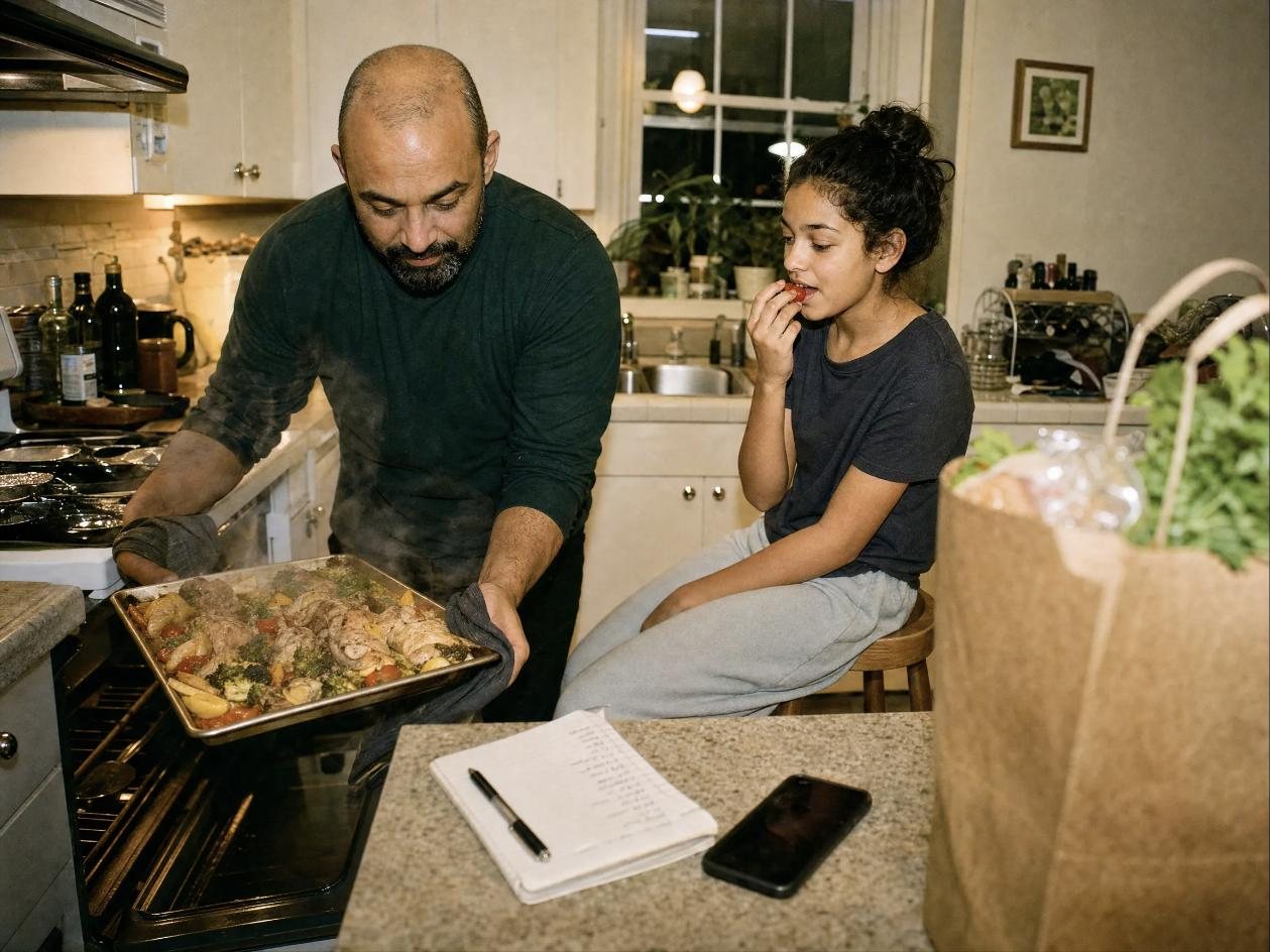 A dad takes dinner out of the oven while his daughter snacks beside the groceries