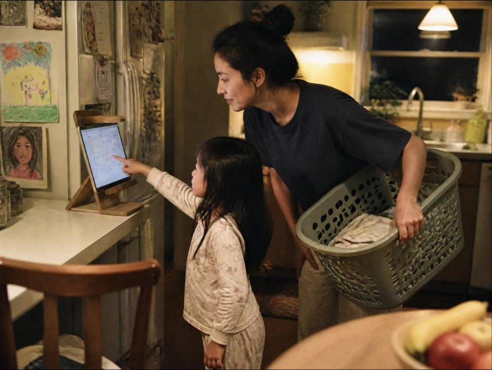 A girl points at the family calendar on a tablet by the fridge while her mom, holding a laundry basket, looks on