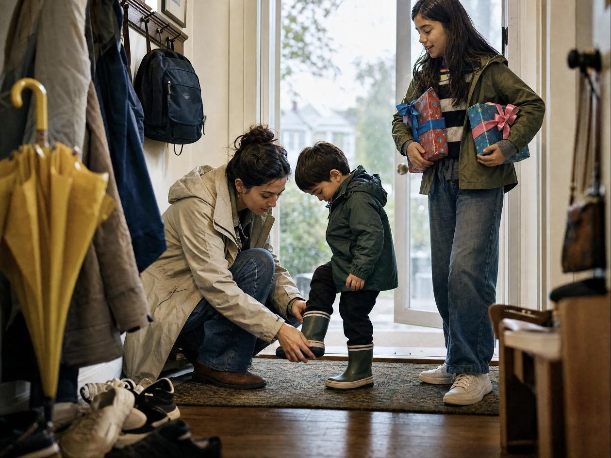 A mom helps her son into rain boots while his sister holds two gifts