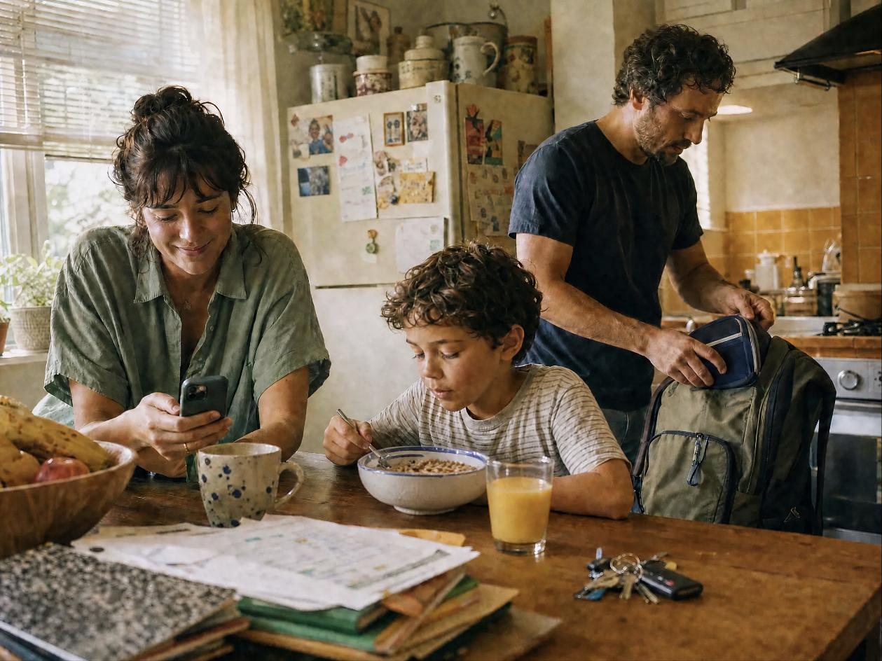 A family's busy weekday morning in the kitchen