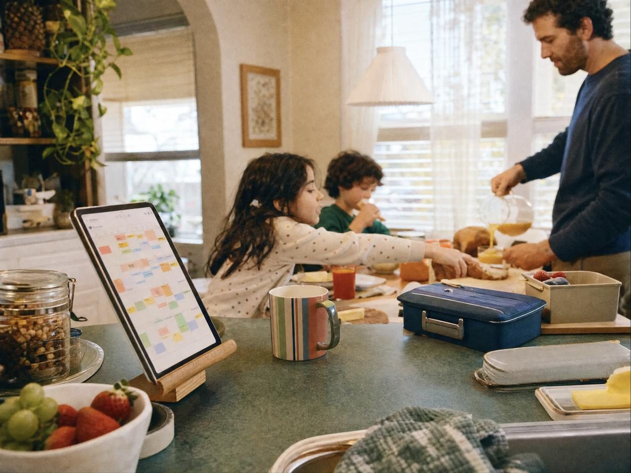 A tablet on the kitchen counter shows the family calendar while a dad serves breakfast