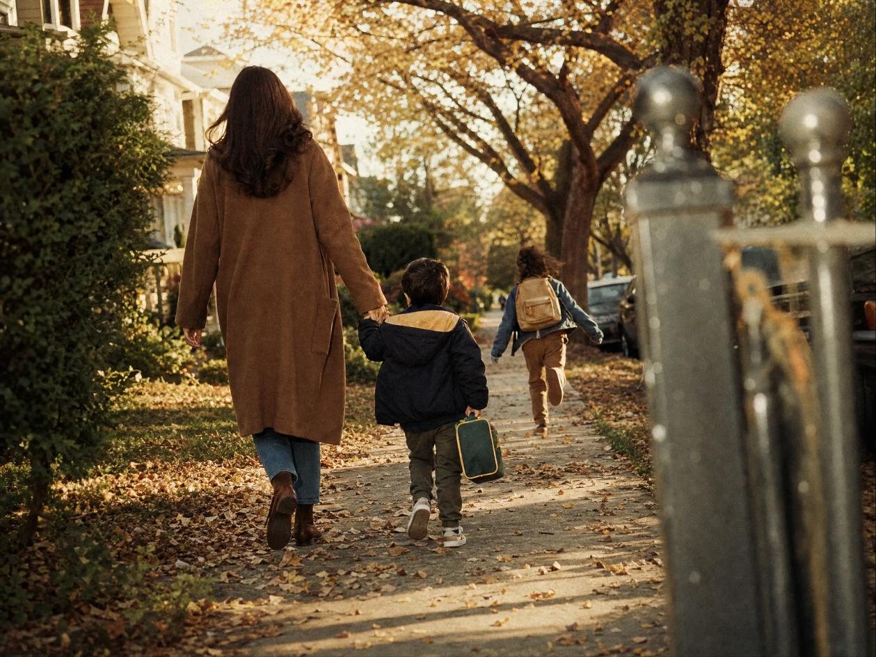 A parent and two kids walk to school down a leafy sidewalk on an autumn morning