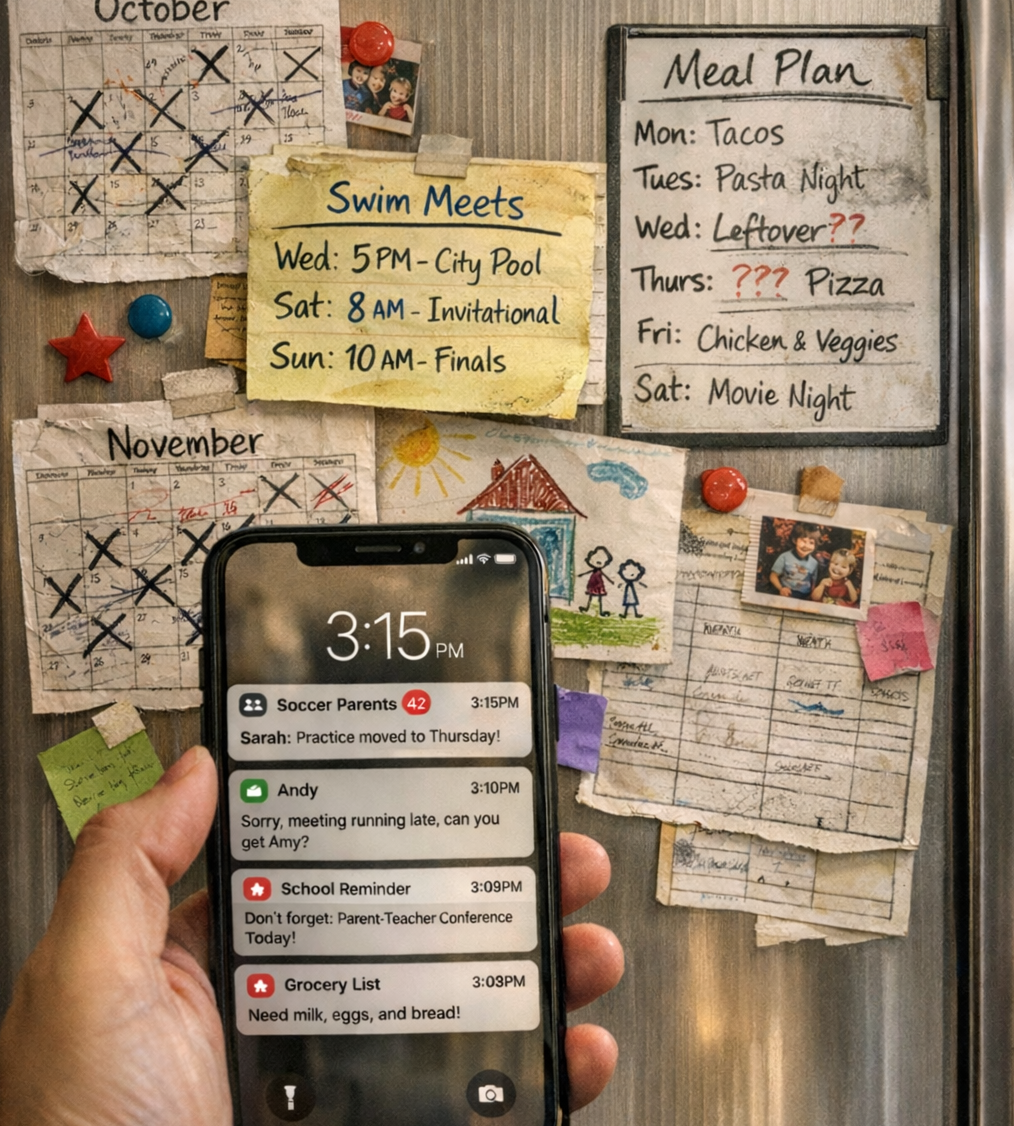 Family fridge with notes and schedules