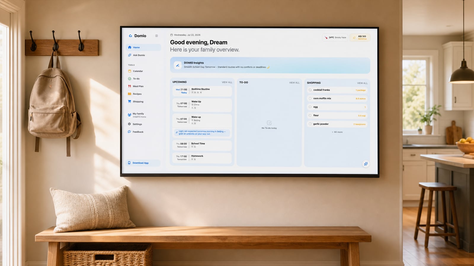Domio Web family overview on a home command-center display