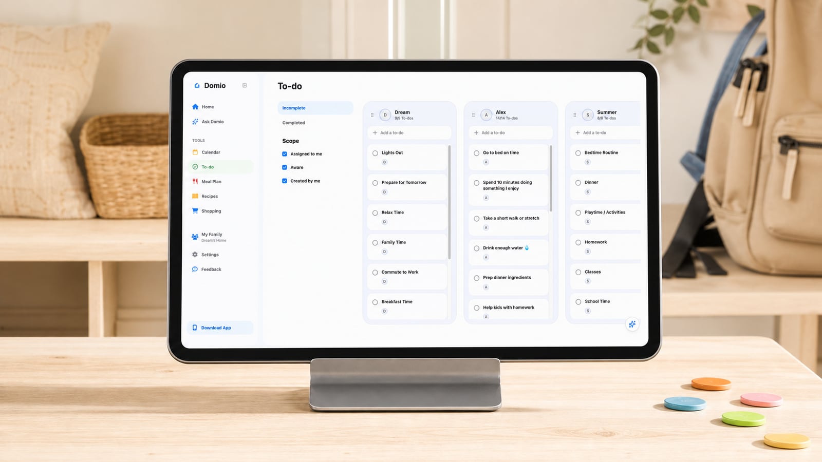 Domio Web shared family to-do board at a home chore station