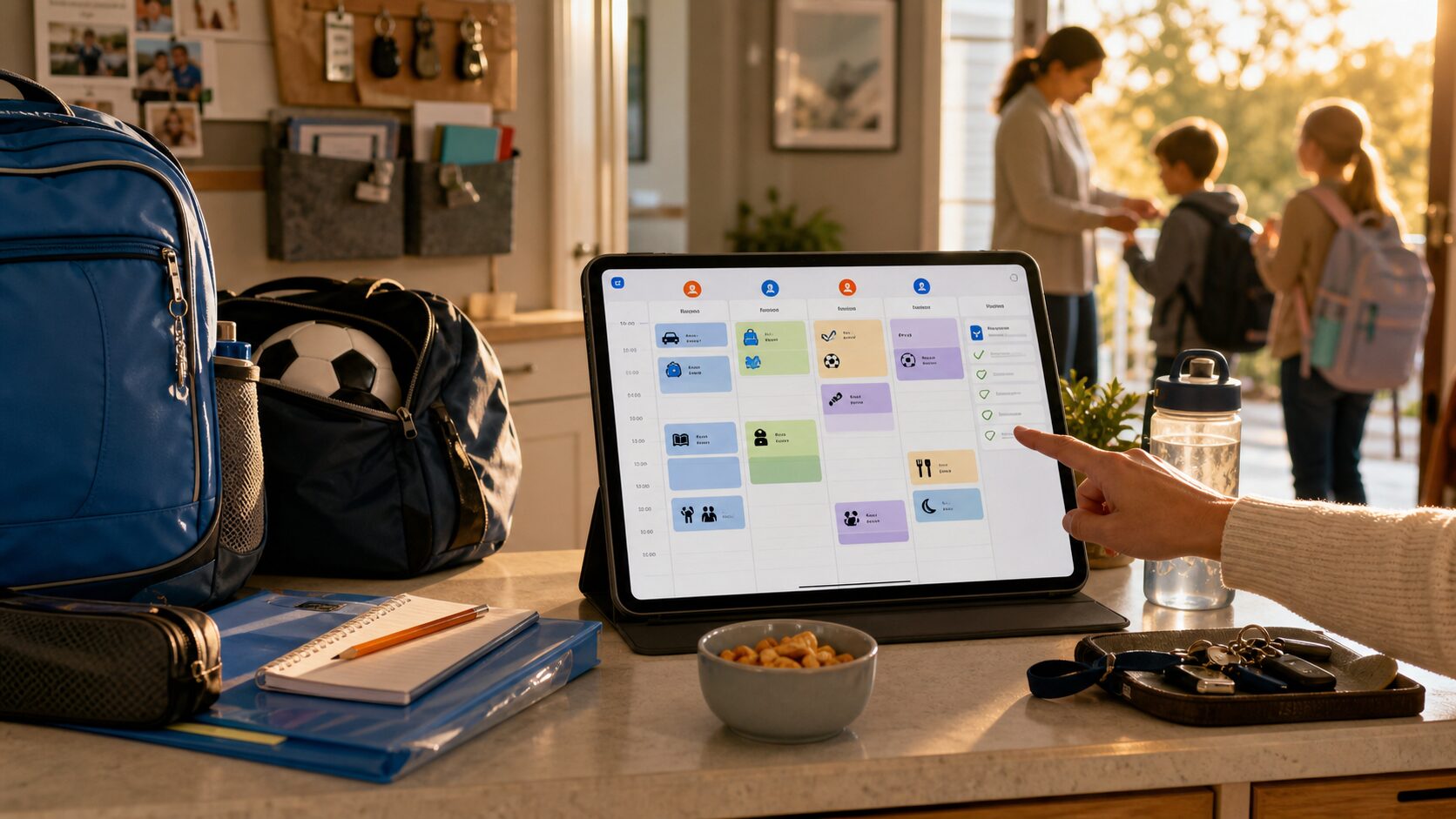 After school schedule planner on a tablet with backpack and activity gear