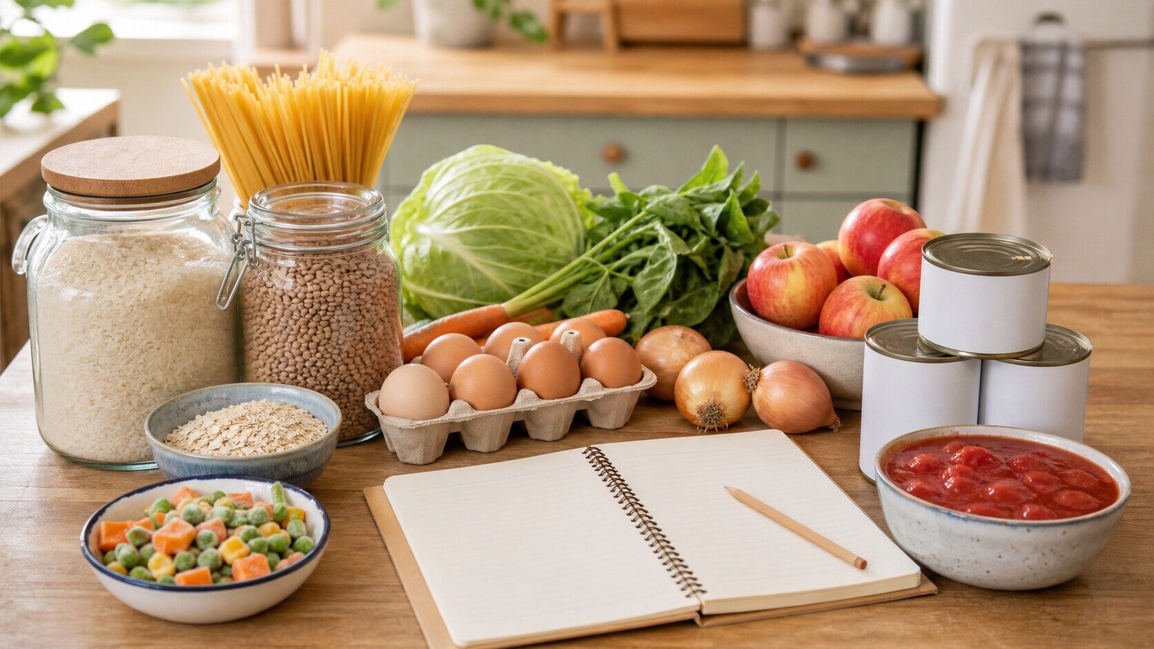 Affordable family meal ingredients arranged on a bright kitchen table for weekly planning