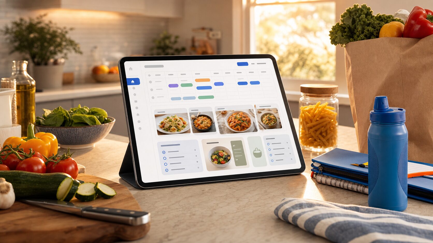 Family dinner planner on a tablet beside groceries and dinner ingredients