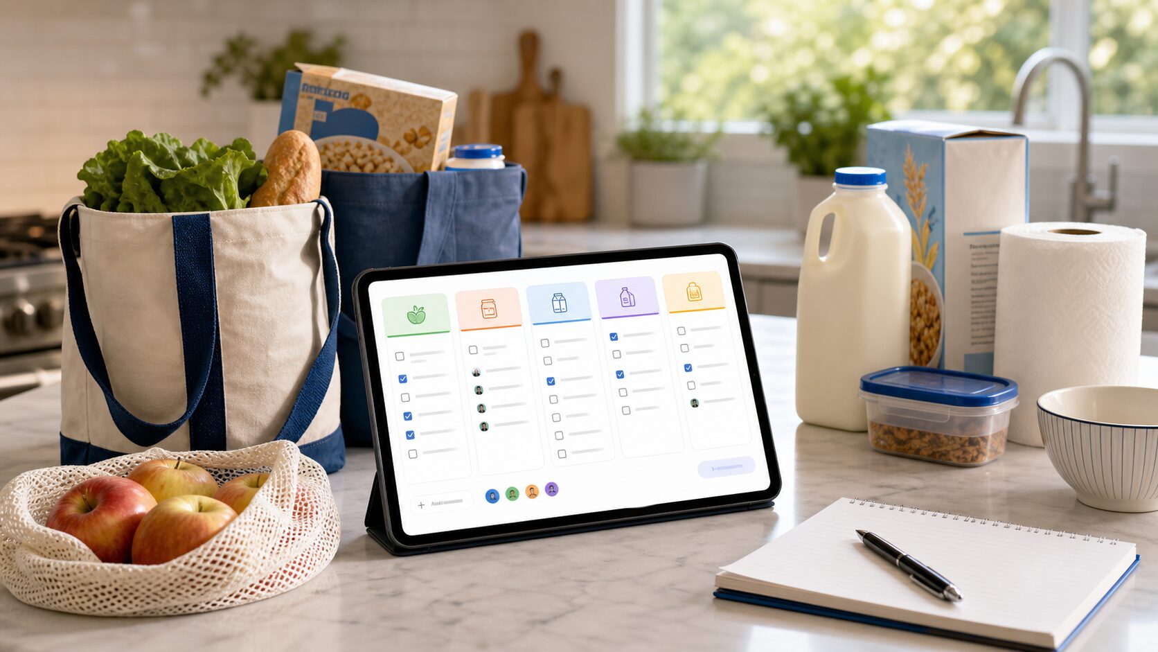 Shared family grocery list on a tablet with grocery bags and staples
