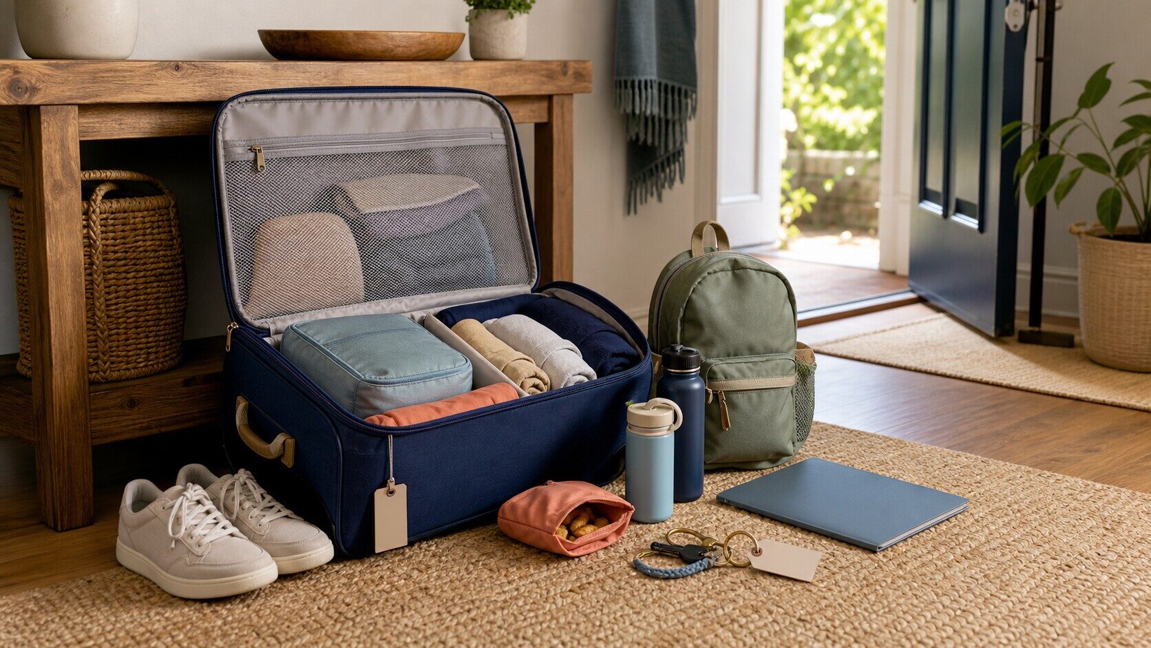 Family travel bags, packing cubes, snacks, and a shared planning notebook ready for a trip
