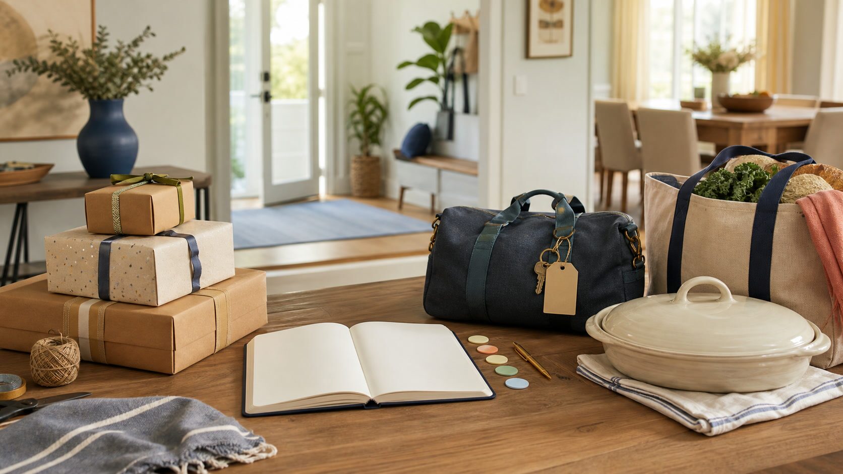 Inclusive family holiday planning scene with gifts, travel bag, groceries, and a shared meal