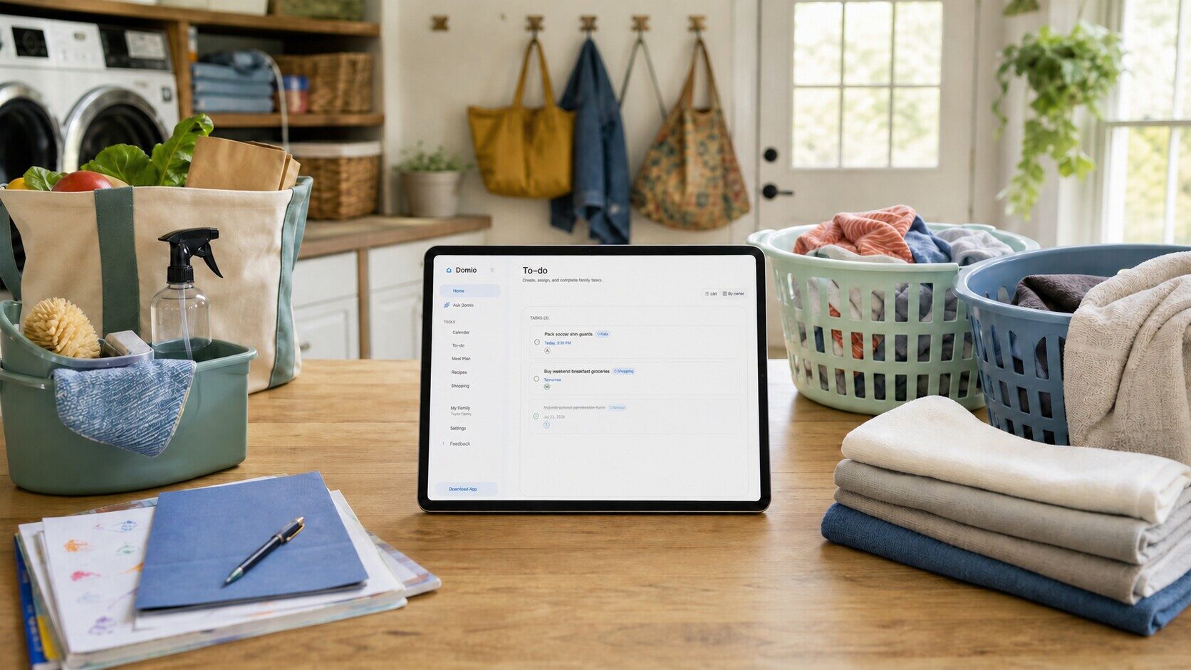 Household responsibility board on a tablet among laundry and home-care supplies