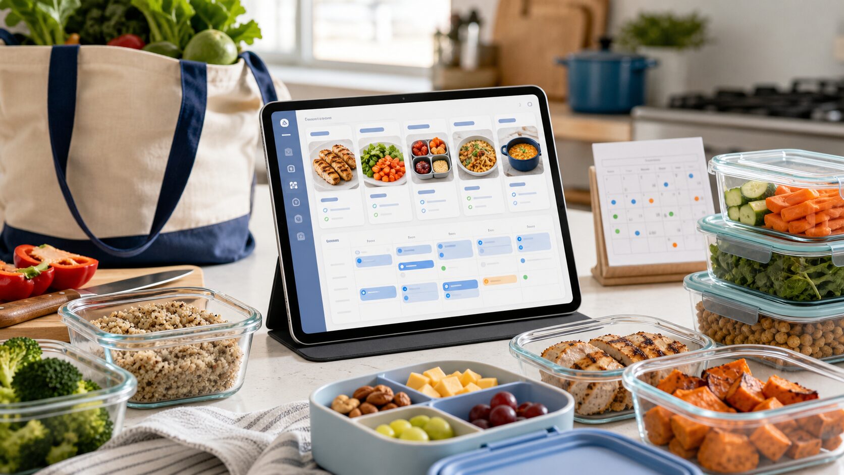 Meal prep planner for families with prepared food containers and a tablet