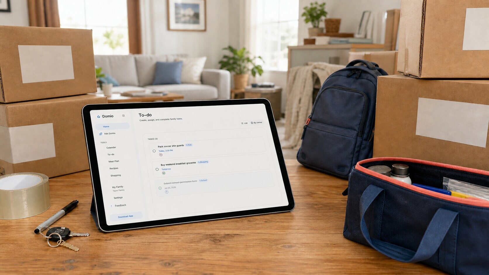 Eight-week family moving timeline on a tablet surrounded by packed boxes and essentials