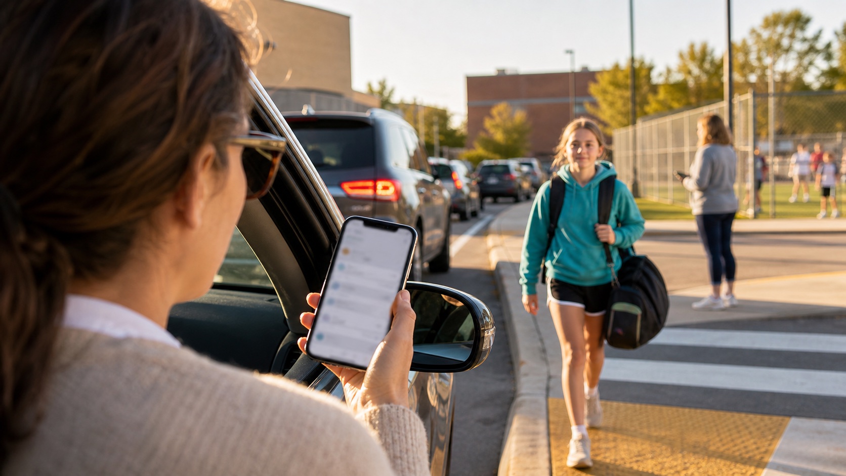 Parent coordinating school pickup from a car with a child approaching