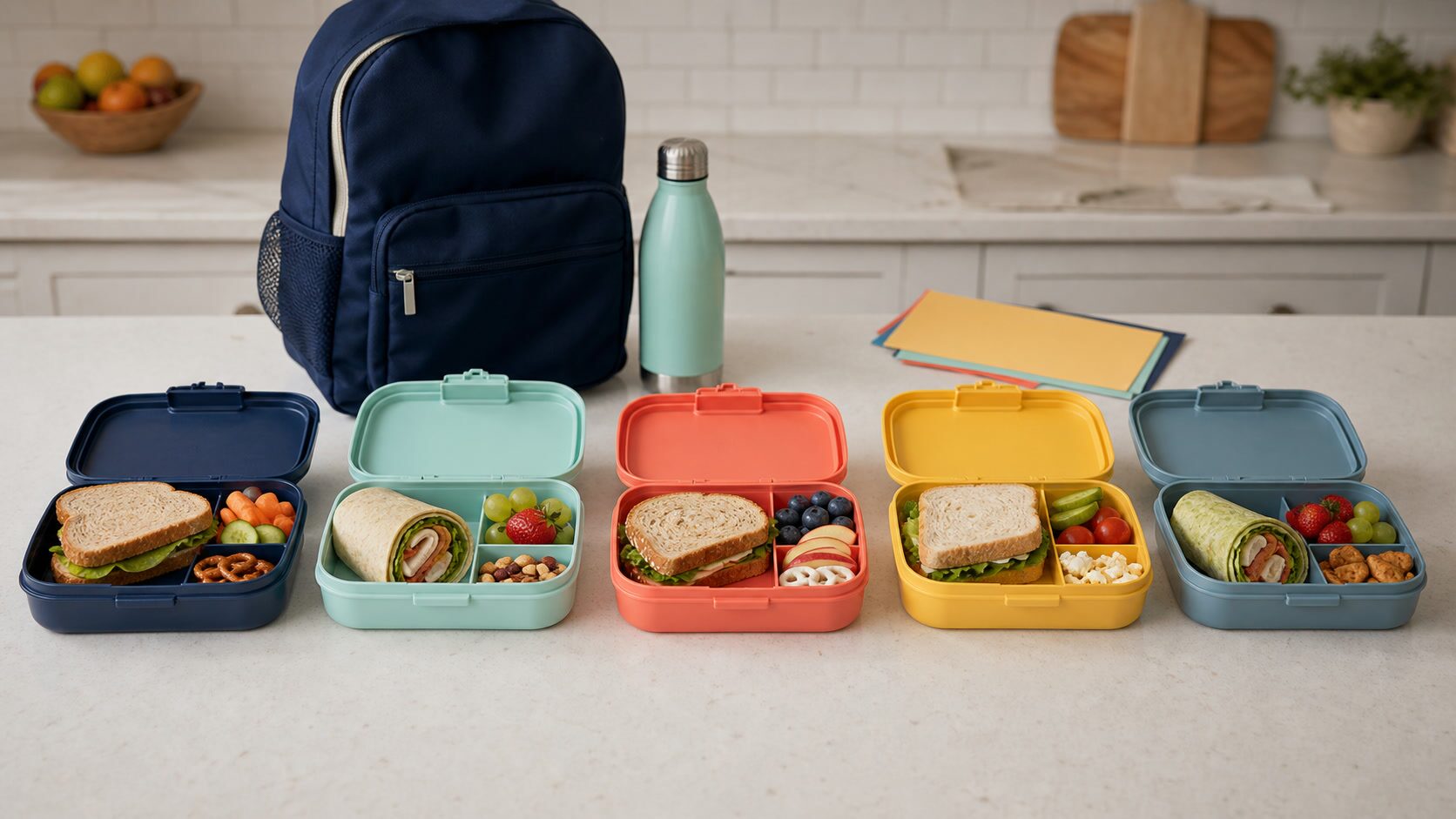 Five prepared school lunch containers beside a backpack and reusable water bottle