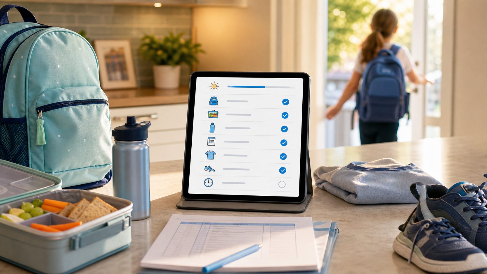 School morning routine checklist on a tablet beside backpack and lunchbox