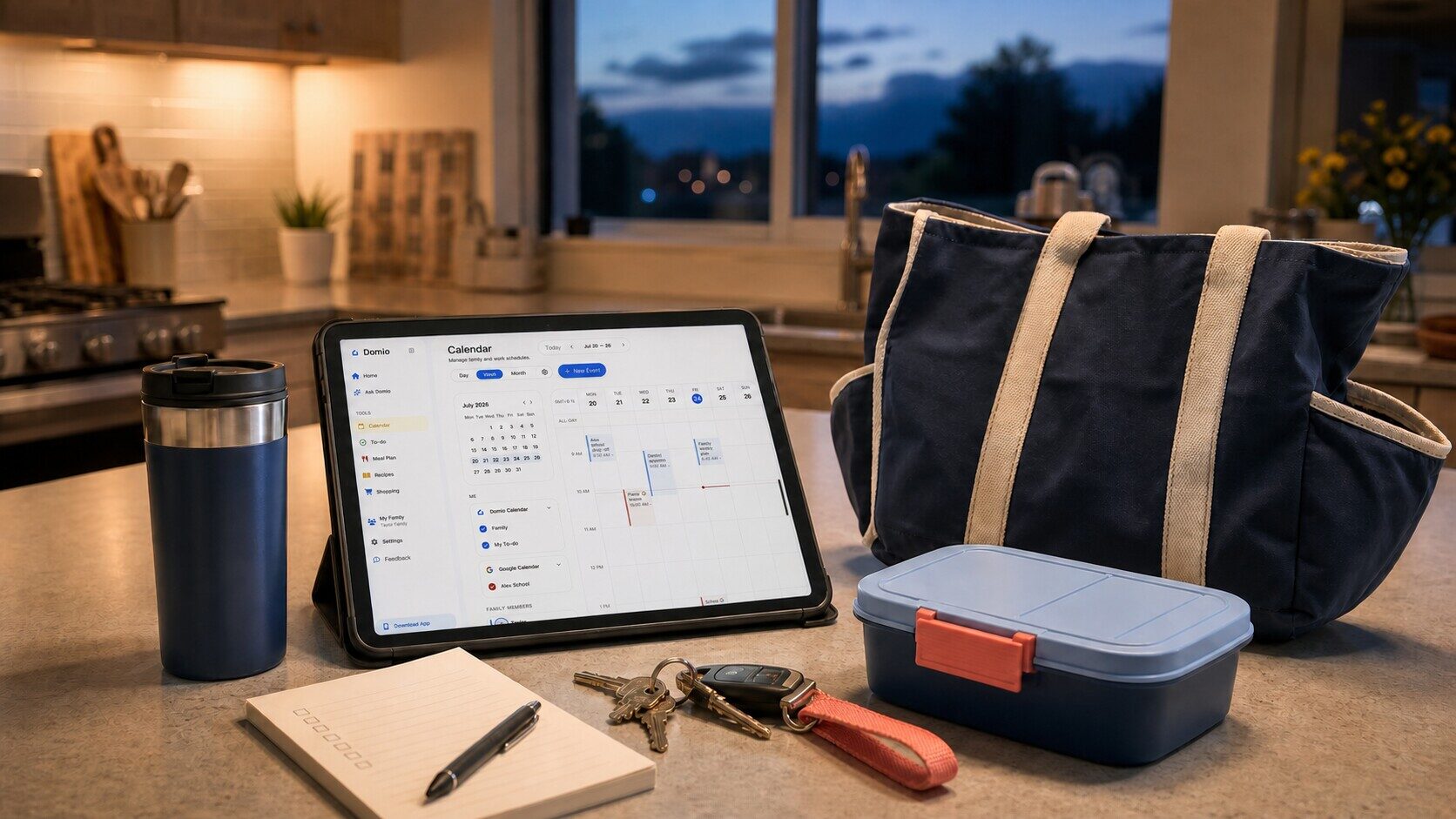 Shift-work family calendar on a tablet with a work tote and school lunchbox at dusk