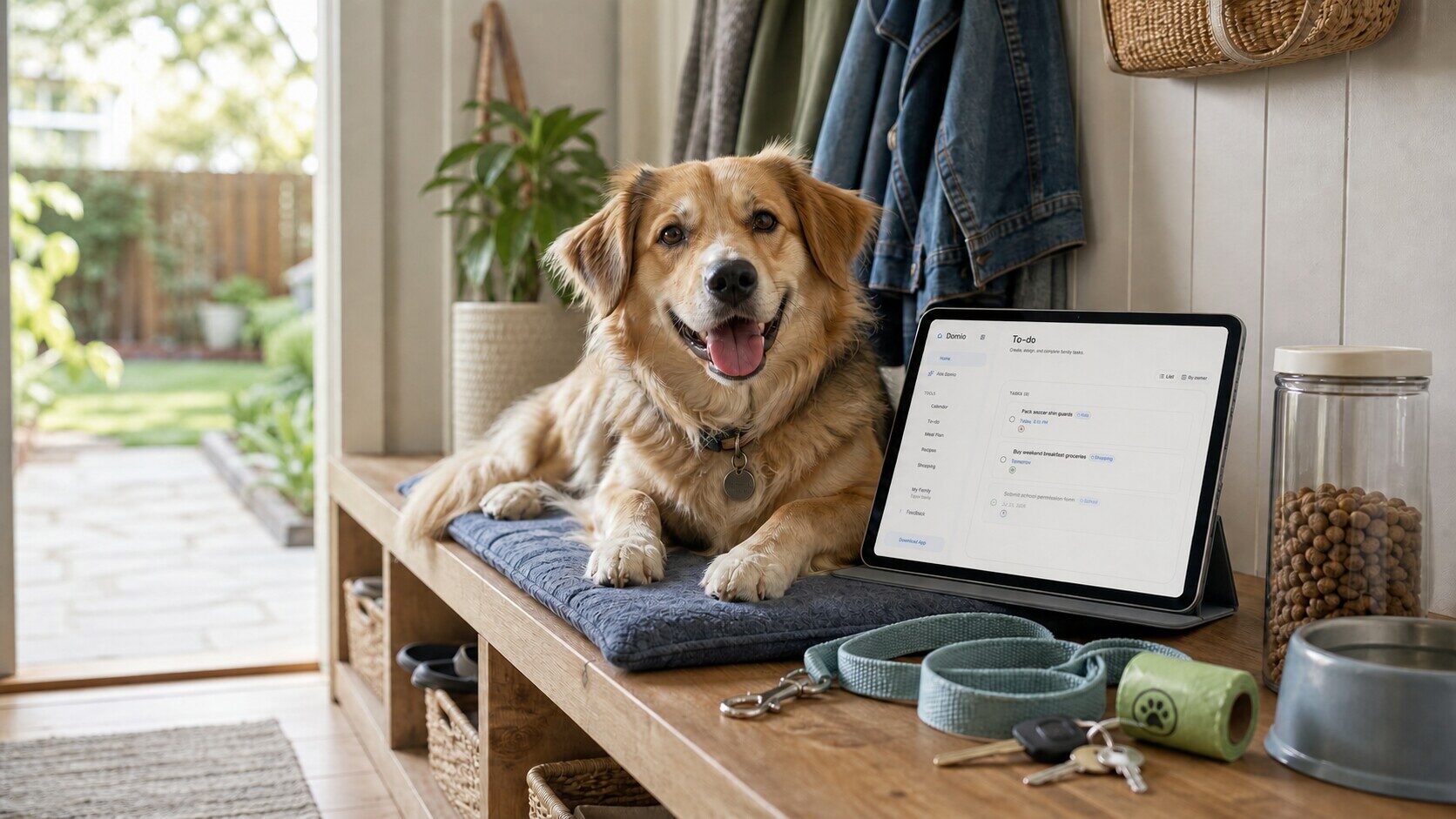 Dog beside a shared pet care routine board on a tablet in a family mudroom