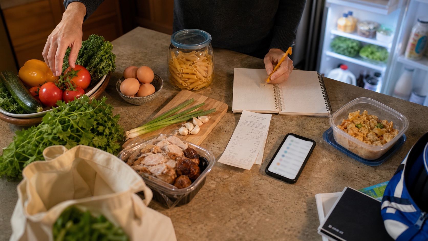 Parent deciding what to make for dinner in a busy family kitchen