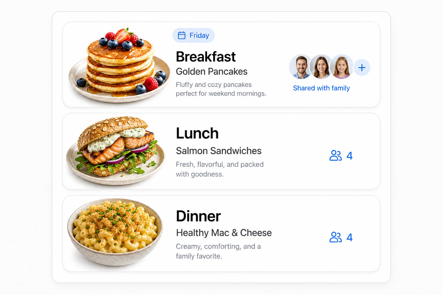 Shared meal schedule cards for breakfast lunch and dinner